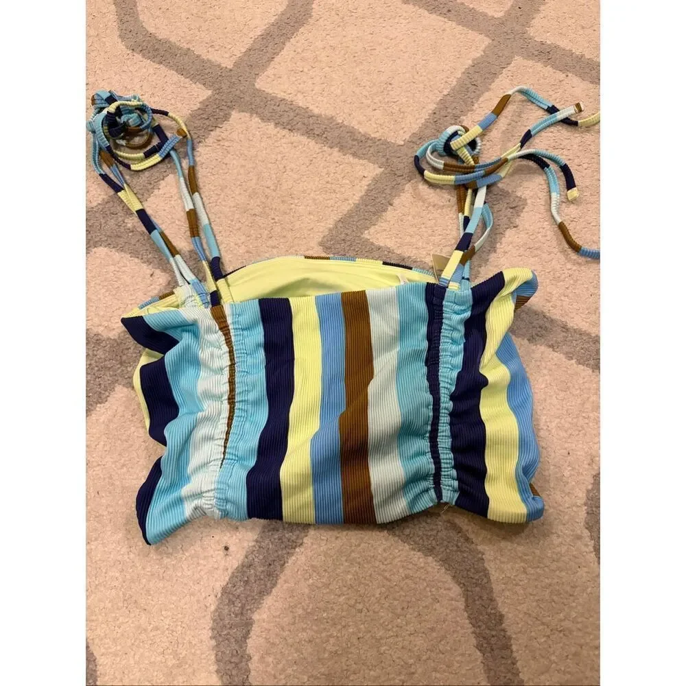 NWT Aerie Ribbed Longline Bandeau Bikini Top Blue Green Stripe Tie Straps Size M